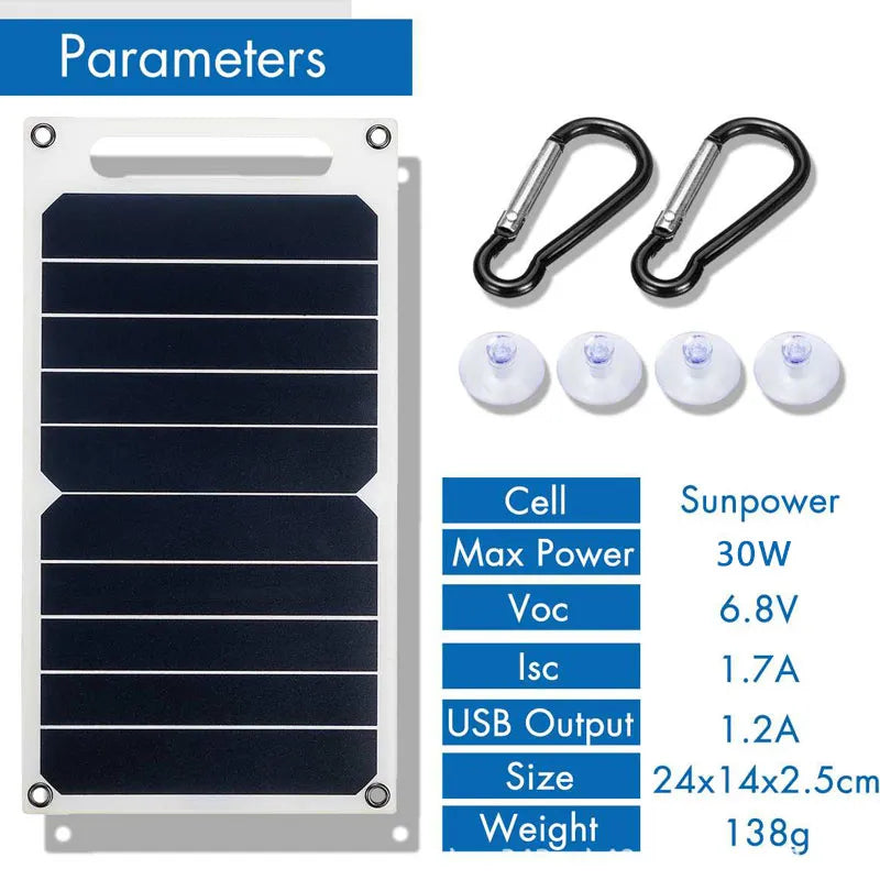 Painel Solar com USB, impermeável, ao ar livre, caminhadas, camping, bateria portátil, banco de carregamento do telefone móvel, 30W, 6.8V