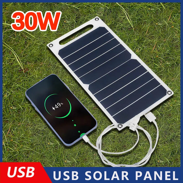 Painel Solar com USB, impermeável, ao ar livre, caminhadas, camping, bateria portátil, banco de carregamento do telefone móvel, 30W, 6.8V